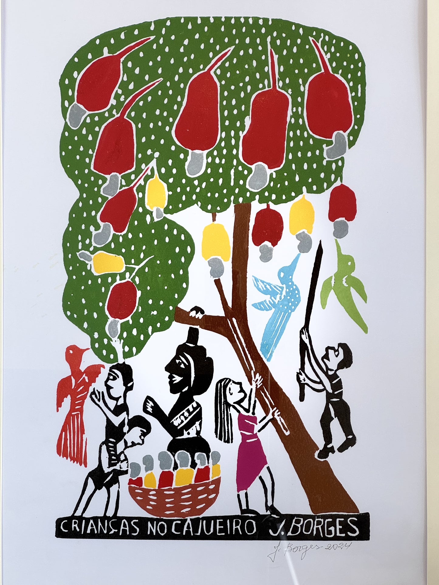 Xilografía J. Borges Niños en el árbol de anacardo