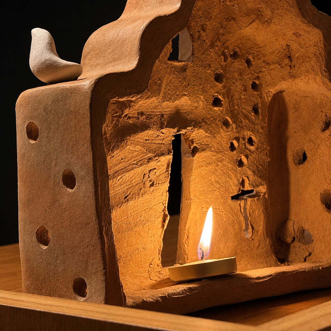 Escultura Igreja em Cerâmica com Pássaros e Porta-Vela